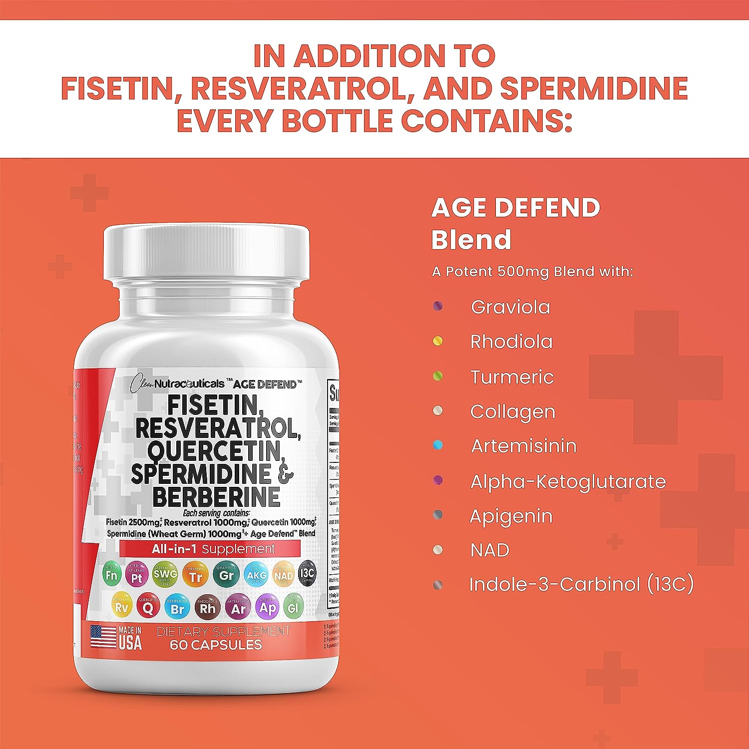 Clean Nutraceuticals Fisetin 2500mg Quercetin 1000mg Resveratrol 1000mg with Spermidine Wheat Germ Extract 1000mg - Health Supplement for Adults Longevity with Berberine, Collagen, Rhodiola, Apigenin : Health & Household
