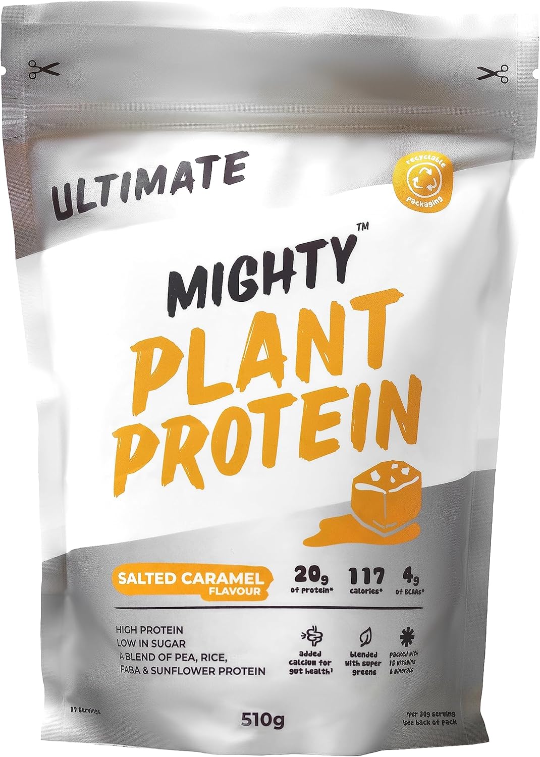 Mighty Ultimate Vegan Protein Powder, Salted Caramel Flavour, (17 Servings, 510G Bag Without Scoop), Plant Based, Dairy Free Protein Shakes, Added Vitamins, Minerals & Super Greens