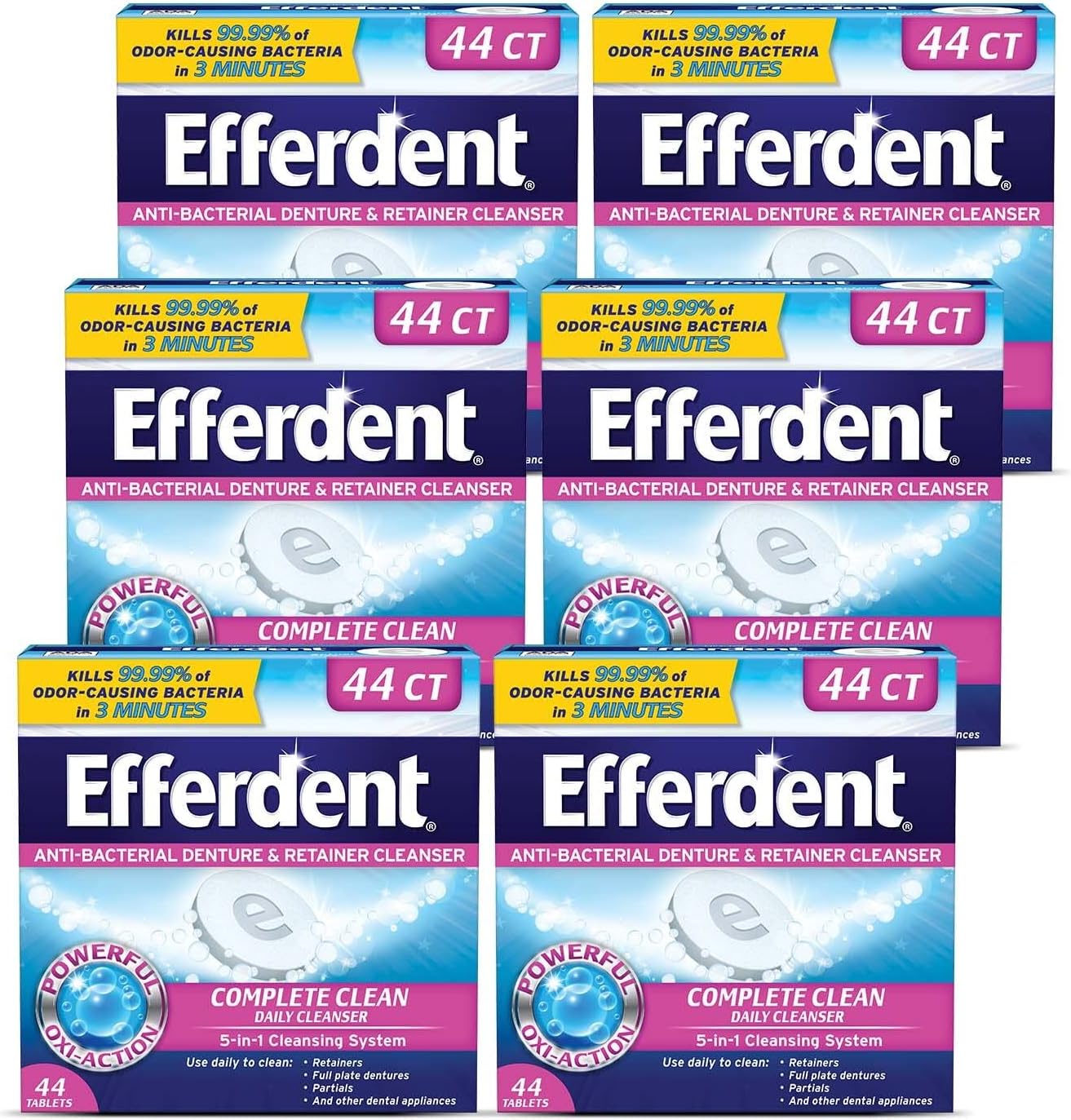 Efferdent Denture Cleanser Tablets, Complete Clean, Cleanser for Retainer and Dental Appliances, 44 Count, 6 Pack