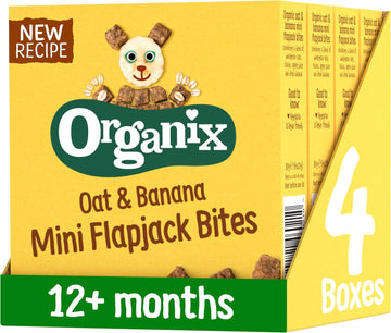 Organix Organic Flapjacks For Toddlers, Oat & Banana, Sugar-Free, 4 X 20 G Bites Per Box (4 Boxes Total)