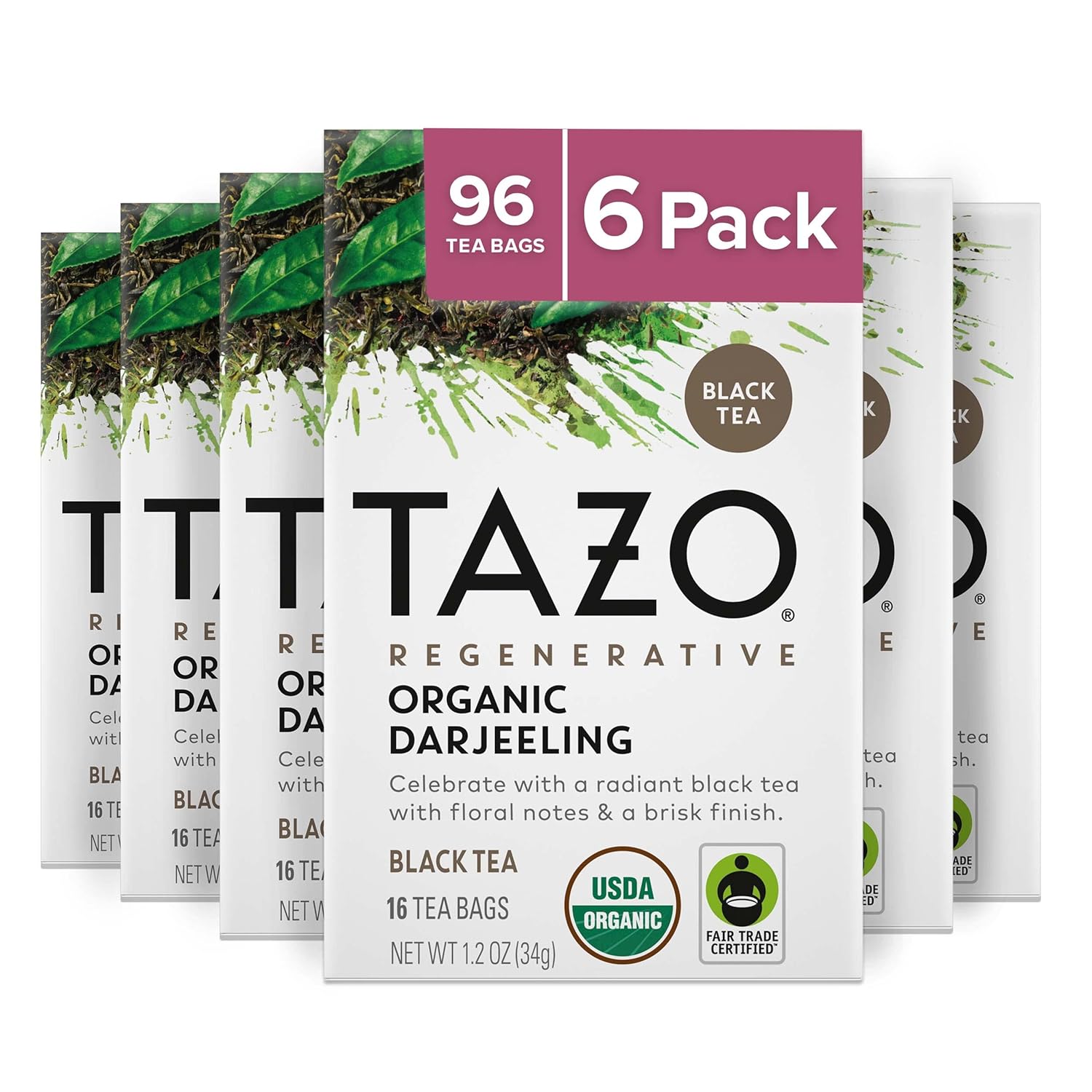 Tazo Regenerative Organic Darjeeling Tea Bags, 16 Count(Pack Of 6)