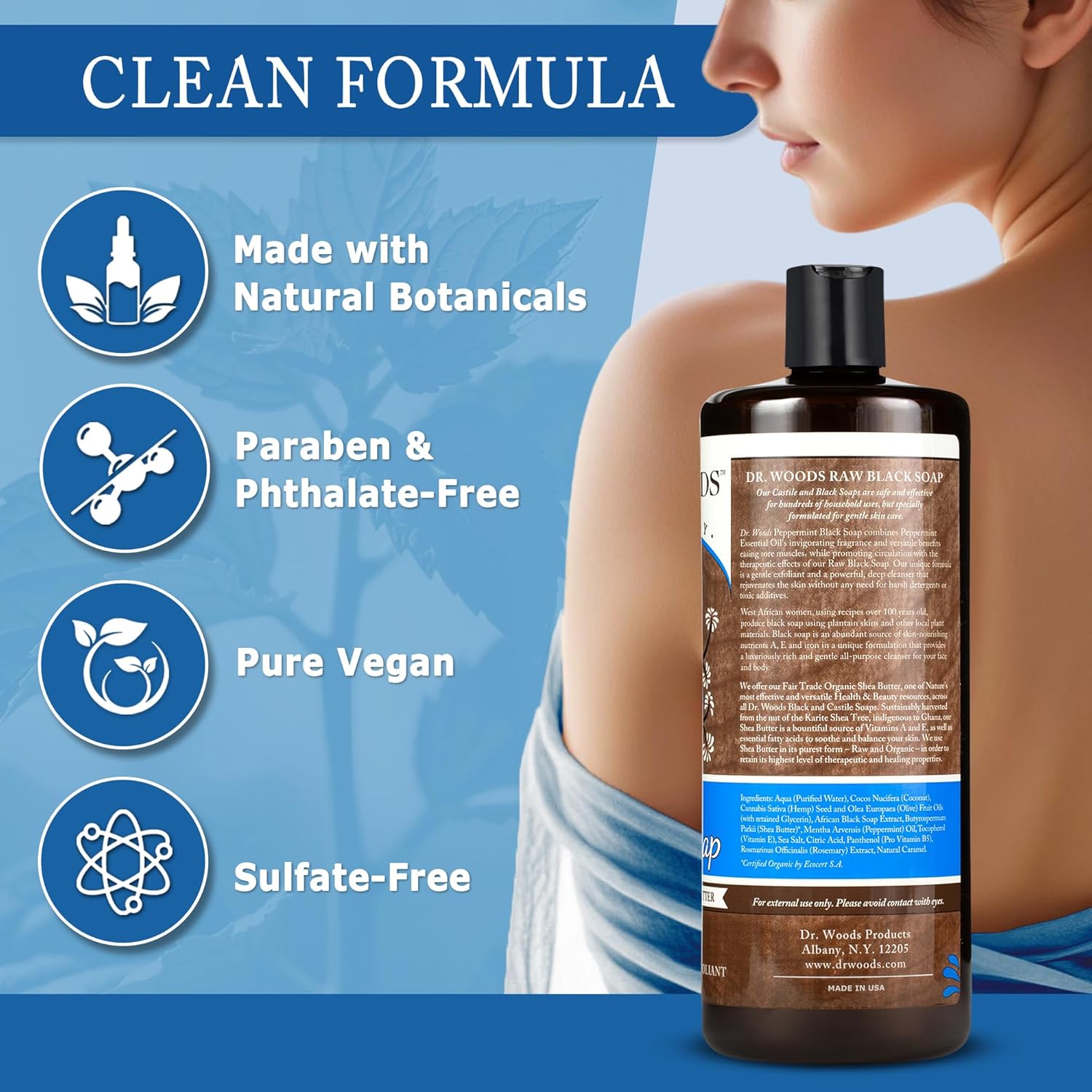 Dr. Woods Raw African Liquid Peppermint Black Soap - Body Wash For Men And Women, Contains Peppermint Oil And Organic Shea Butter, Gentle Exfoliant, Natural Cleanser For Face, Hands, Body - 32 Fl Oz : Beauty & Personal Care