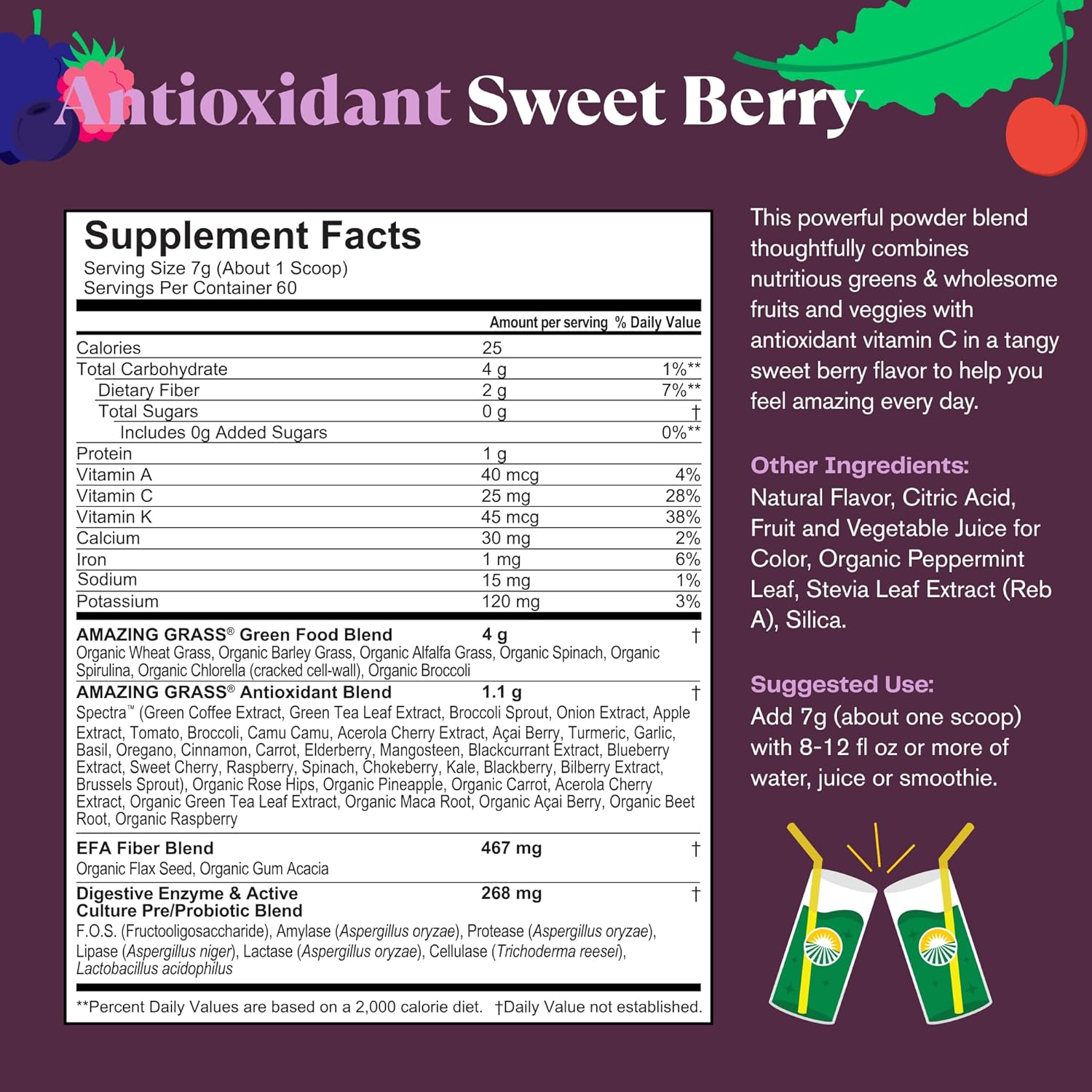 Amazing Grass Greens Superfood Antioxidant: Greens Powder With Organic Spirulina, Beet Root Powder, Elderberry & Probiotics, Sweet Berry, 60 Servings (Packaging May Vary)