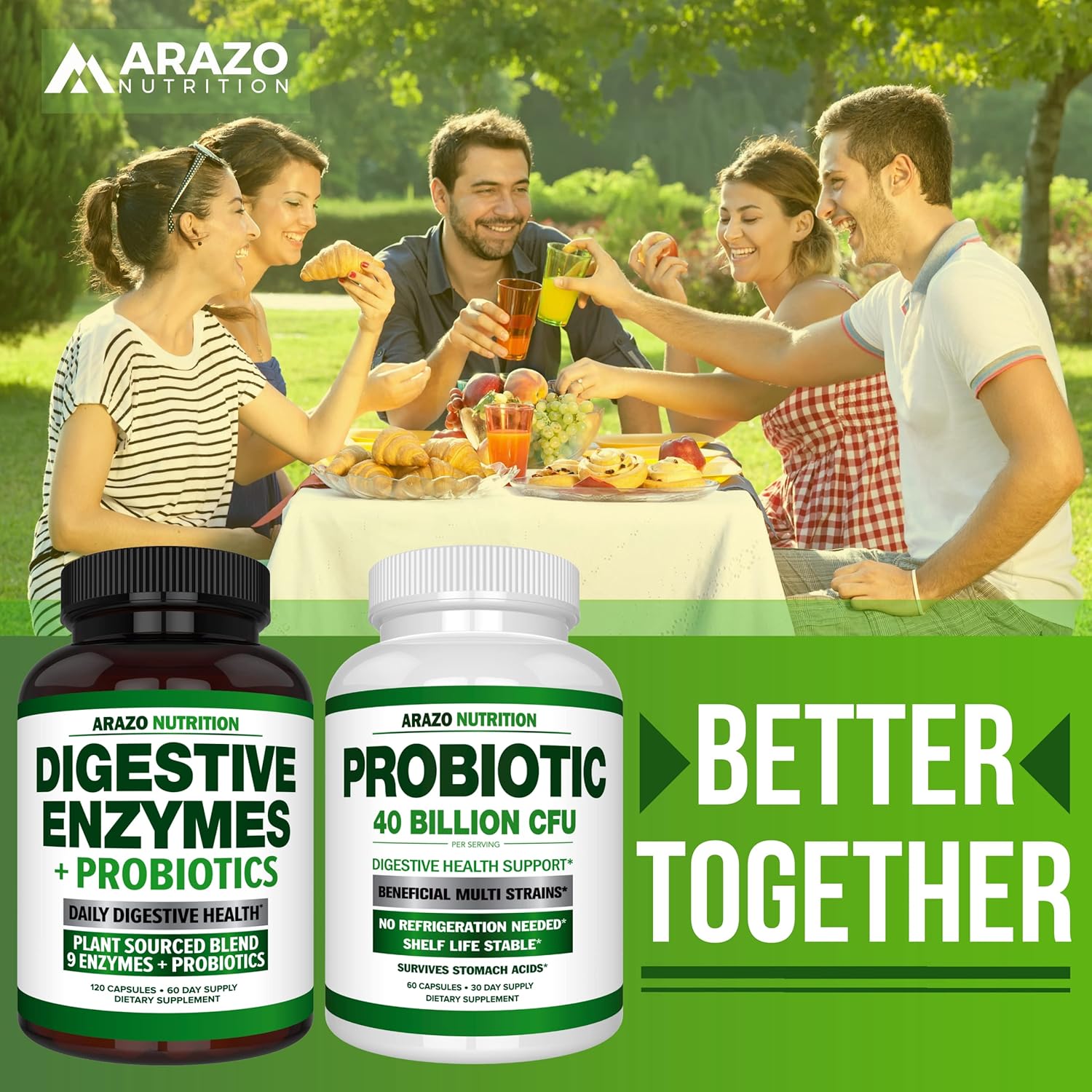 Arazo Nutrition Probiotic 40 Billion CFU - Shelf Stable with Prebiotics and Acidophilus - Stable Potency Until Expiration – Time Delay Release Probiotics : Health & Household