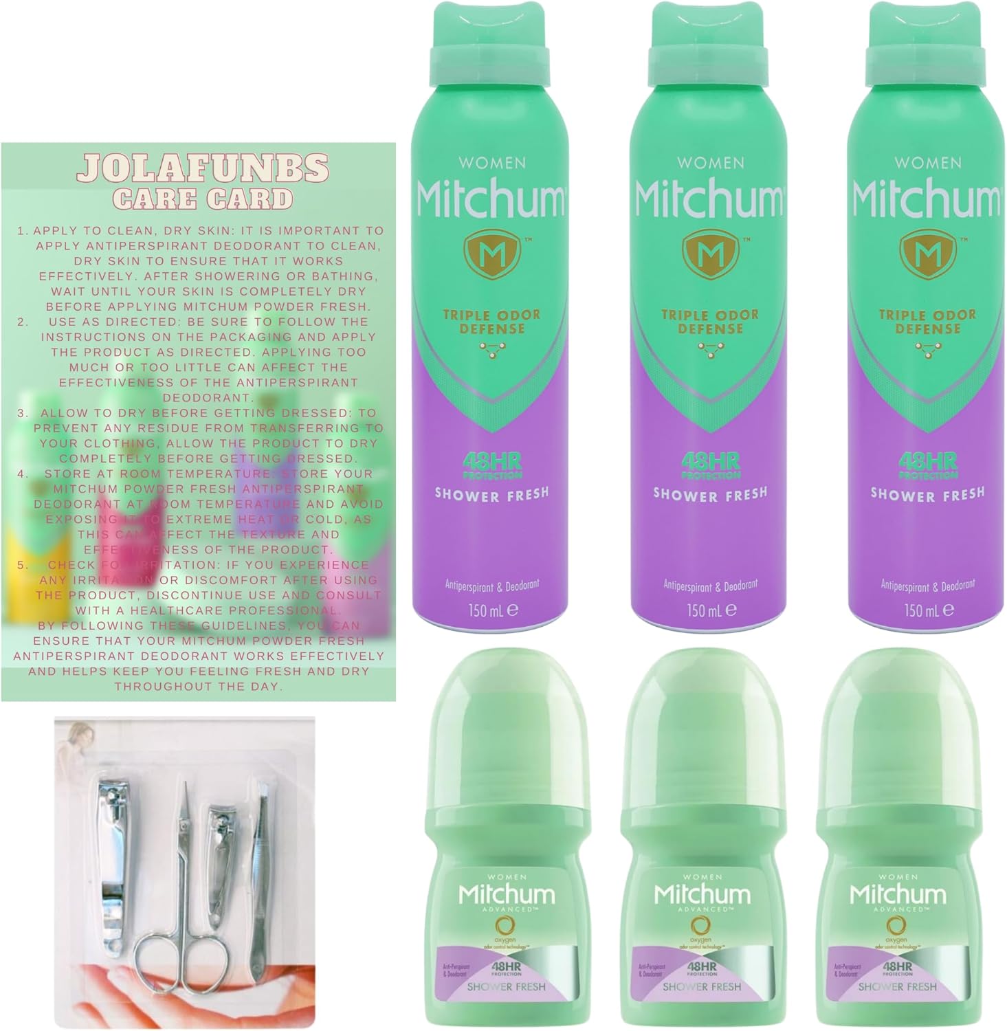 Mitchum Deodorant Women Shower Fresh Triple Odor Defense 48 Hour Protection, Mitchum Deodorant Women Roll On Shower Fresh & Jolafunbs Nail Kit