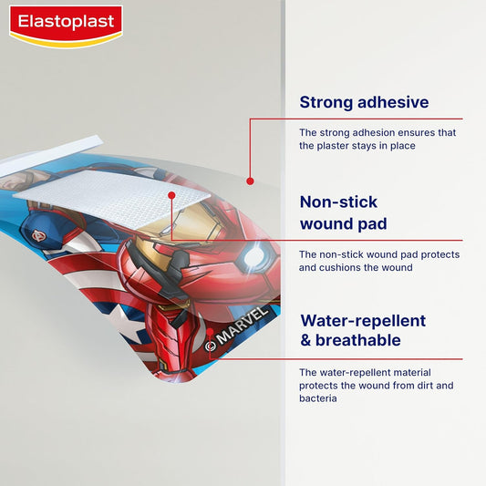Elastoplast Marvel Plasters, Assorted Sizes (20 Pieces), Coloured First Aid Plasters For Children, Kids' Everyday Wound Care With Marvel Superhero Designs, Easy Removal And Skin-Friendly