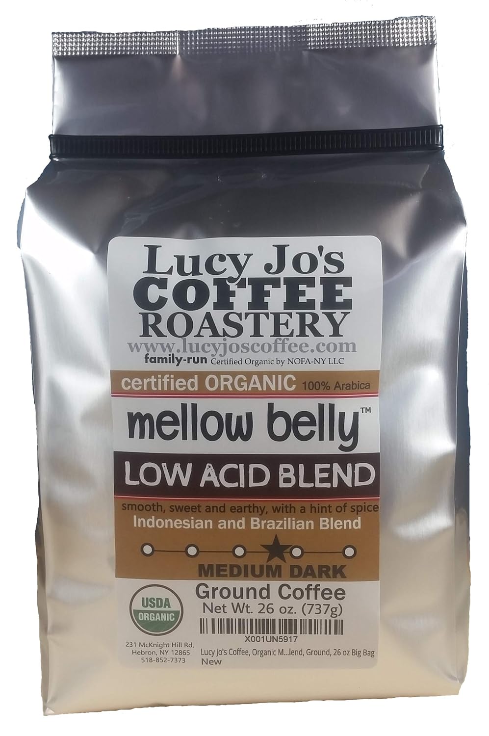 Lucy Jo'S Coffee, Organic Mellow Belly Low Acid Blend, Medium Dark Roast, Ground, 26 Oz
