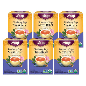 Yogi Blueberry Sage Stress Relief Organic Tea, Caffeine-Free, Vegan Friendly, Kosher, Usda Certified Organic, Non-Gmo, 16 Tea Bags (Pack Of 6)