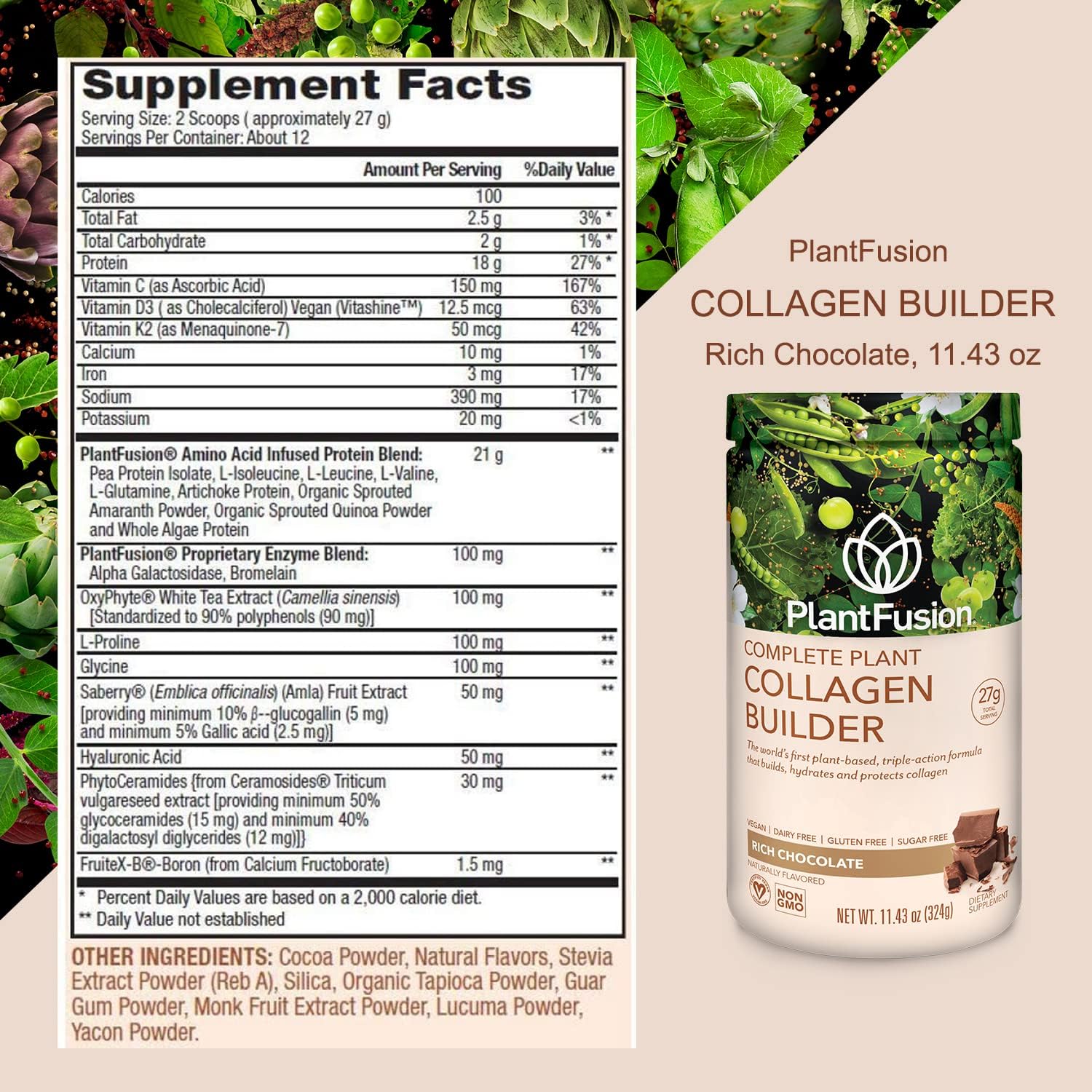 PlantFusion Vegan Collagen Powder - Plant Based Collagen Protein Powder For Muscle & Joints, Hair, Skin & Nails - Keto, Gluten Free, Soy Free, Non-Dairy, No Sugar, Non-GMO - Chocolate 11.43 oz
