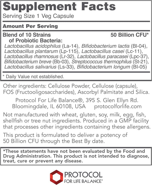 PROTOCOL FOR LIFE BALANCE - ProtoDophilus - 50 Billion, 10 Strains - Healthy Intestinal Probiotic Flora to Support Digestive Function and Immune Health - 50 Veg Capsules