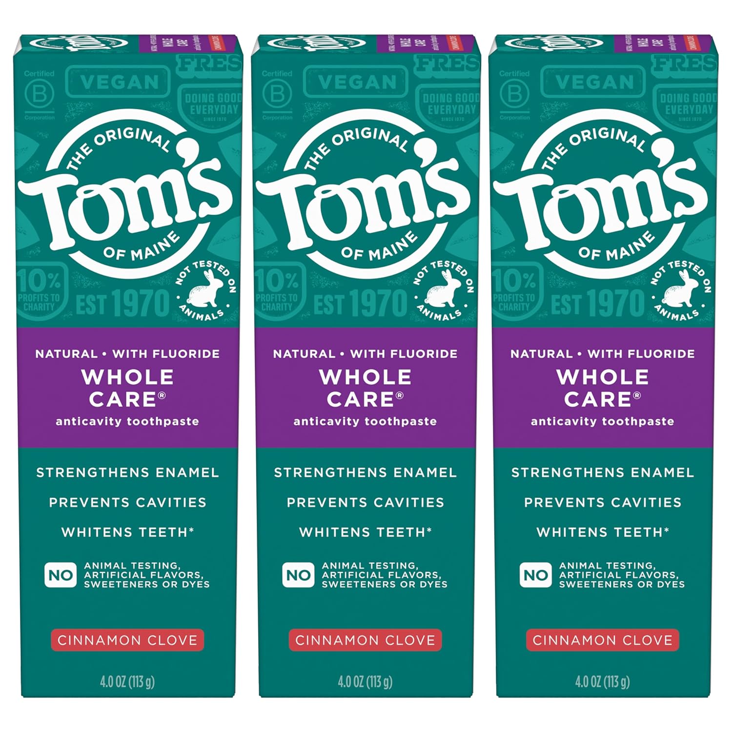 Tom's of Maine Whole Care Natural Toothpaste with Fluoride, Cinnamon Clove, 4.0 oz. 3-Pack (Packaging May Vary)