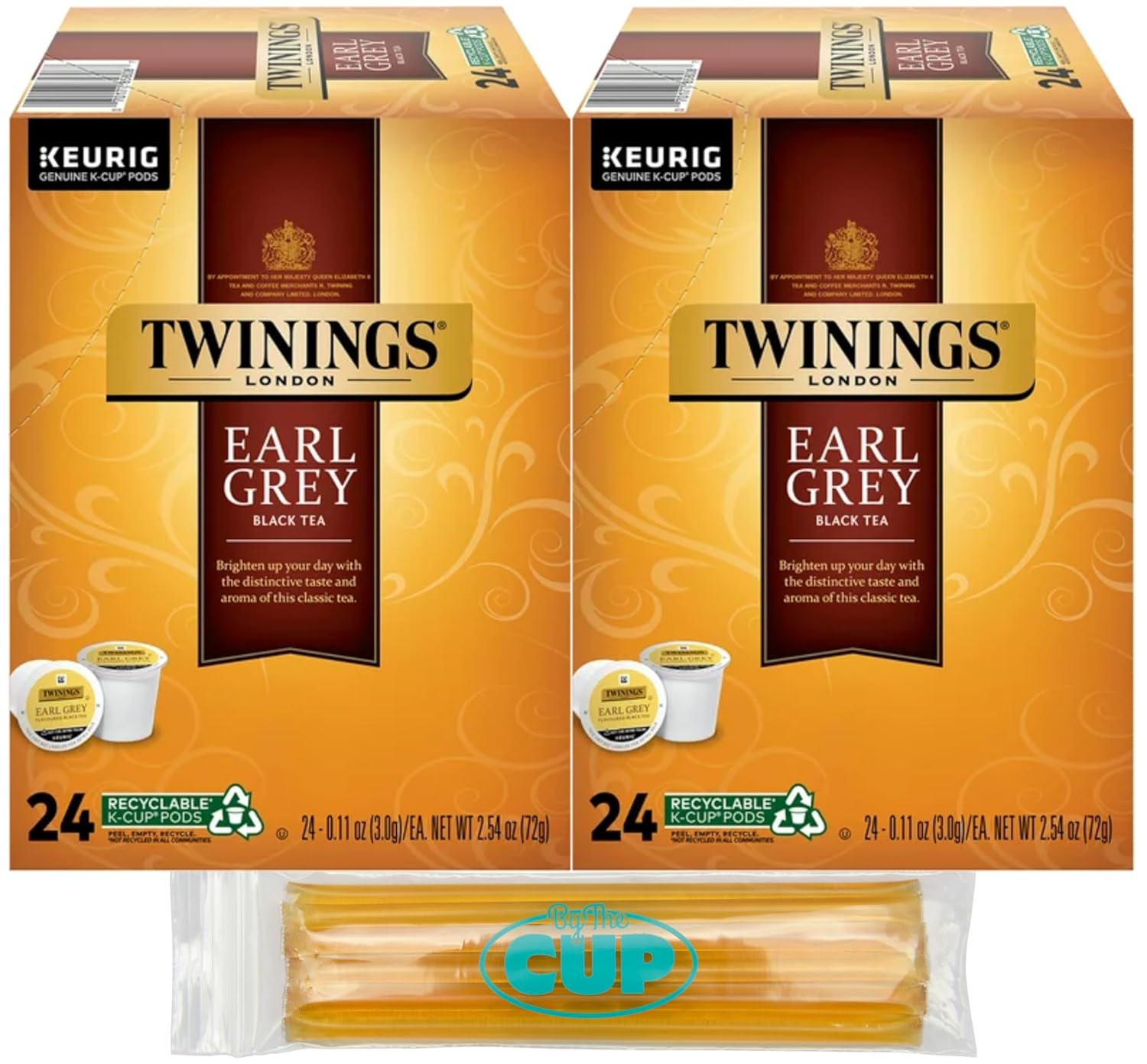 Twinings Tea Earl Grey K-Cups, 24 Count (Pack of 2) with By The Cup Honey Sticks