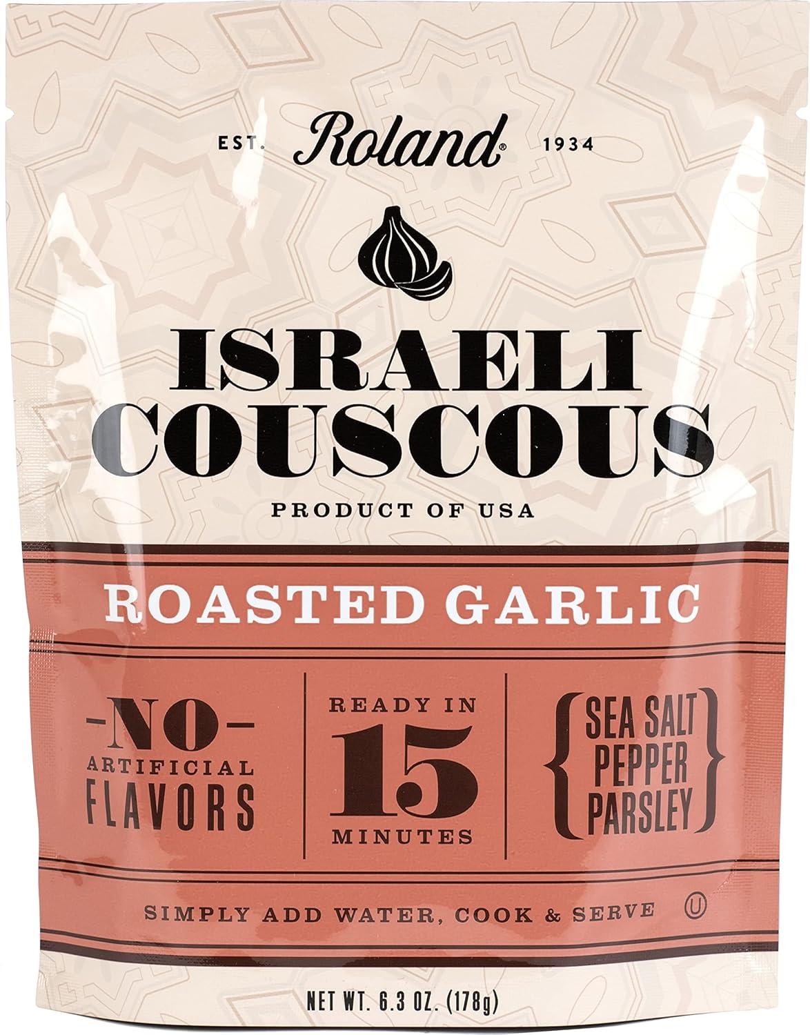 Roland Foods Roasted Garlic Whole Wheat Israeli Couscous, Sourced In The Usa, 6.3-Ounce Pouch