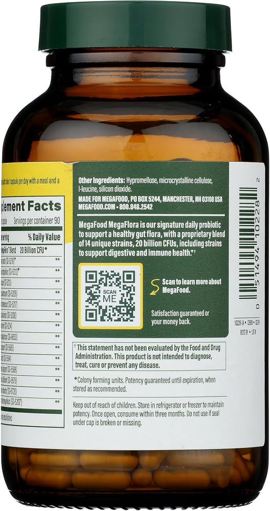 Megafood Megaflora Probiotic - Probiotics For Women & Men - Probiotics For Digestive Health & Immune Support - 20 Billion Cfu - 14 Strains - Non-Gmo - Vegan - Made Without 9 Food Allergens - 90 Caps