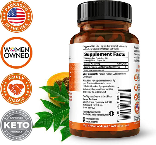 Papaya Leaf Extract Digestive Enzymes - 10X Strength 60/600mg Veg Capsules- Blood Platelet, Bone Marrow & Spleen Support, Immune Gut & Super Digestive Health - Made in USA by Herbal Goodness