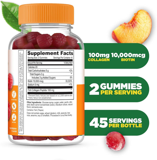 Lifeable Collagen Peptides Gummies 100Mg | With 10000Mcg Biotin | Great Tasting Biotin And Collagen Supplements | For Hair, Skin, And Nails | Collagen Gummies For Women, Men, Adults | 90 Gummies