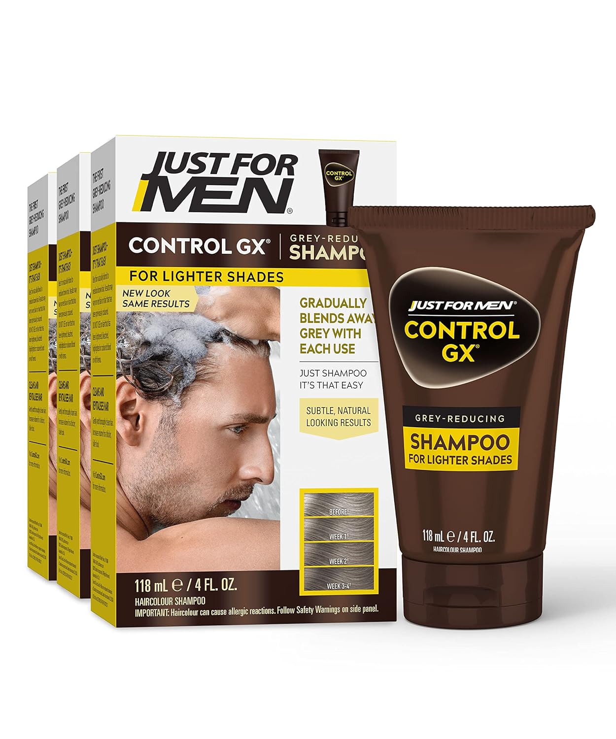 Just For Men Control Gx Grey Reducing Shampoo For Lighter Shades Of Hair, Blonde To Medium Brown, Gradual Hair Color, 4 Fl Oz - Pack Of 3 (Packaging May Vary)