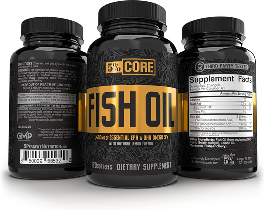 5% Nutrition Core Fish Oil Supplement | 2,500 mg EPA DHA Omega 3 Fatty