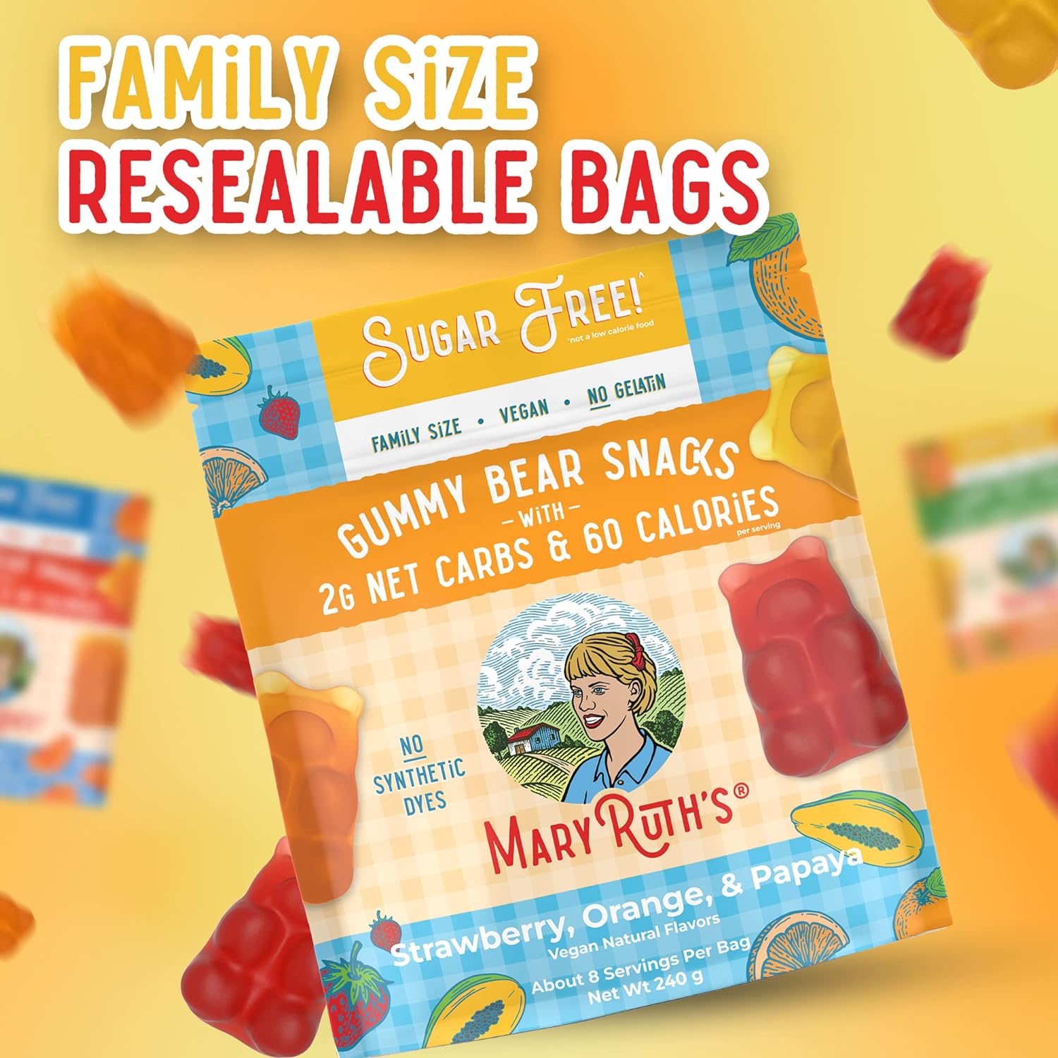 MaryRuth Organics Sugar Free Gummy Bears Snacks | Delicious with Electrolytes and Fiber | Made with Organic Ingredients | Variety Pack | Vegan | Gluten Free | Non-GMO | Family Size | 240 Grams