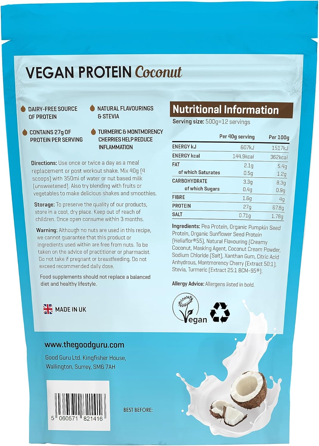 The Good Guru -Vegan Protein Powder Coconut 500G - 12 Servings Plant-Based Protein Shake | Natural Vegan Protein | Gluten Free