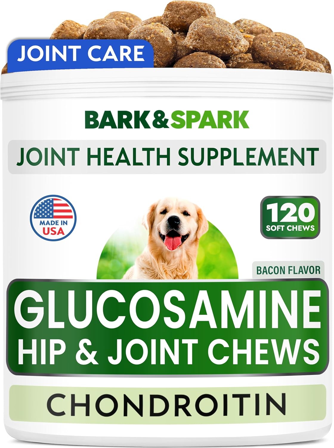 Bark&Spark Glucosamine Chondroitin Dog Hip & Joint Supplement - Joint Pain Relief - Hip & Joint Chews - Joint Support Large Small Breed - Senior Doggie Vitamin Pill Joint Health (120 Treats - Bacon)