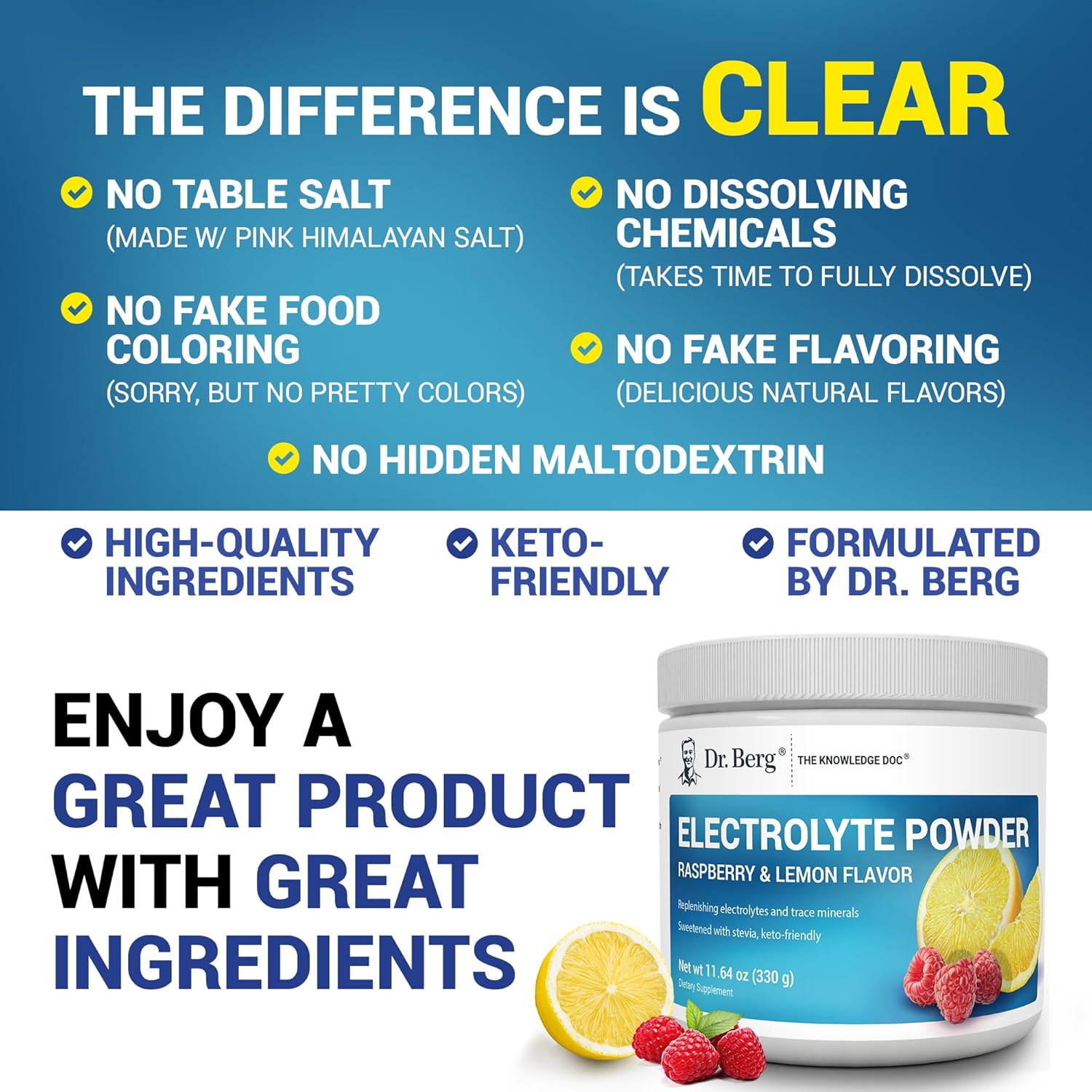 Dr. Berg Zero Sugar Hydration Keto Electrolyte Powder - Enhanced w/ 1000 mg of Potassium & Real Pink Himalayan Salt (NOT Table Salt) - Raspberry & Lemon Flavor Hydration Drink Supplement - 50 Servings : Health & Household