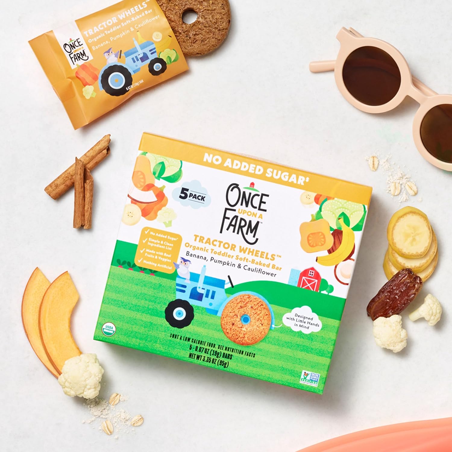 Once Upon a Farm Organic Tractor Wheels Toddler Bar, Banana, Pumpkin & Cauliflower | 8 boxes : Baby
