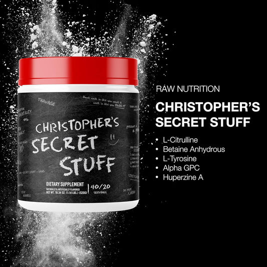 RAW Christopher's Secret Stuff Pre Workout Powder, Thavage (Tastes Like Winning) - Chris Bumstead CBUM Preworkout Supplement for Men & Women - Working Out, Hydration & Energy - 40 Servings