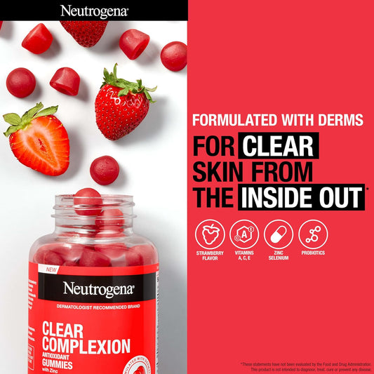 Neutrogena Clear Complexion Antioxidant Gummies with Zinc, Daily Skincare Supplement with Vitamin A, Vitamin C & Vitamin E for Clear, Healthy Skin + Probiotics, Strawberry Flavor, 60 ct