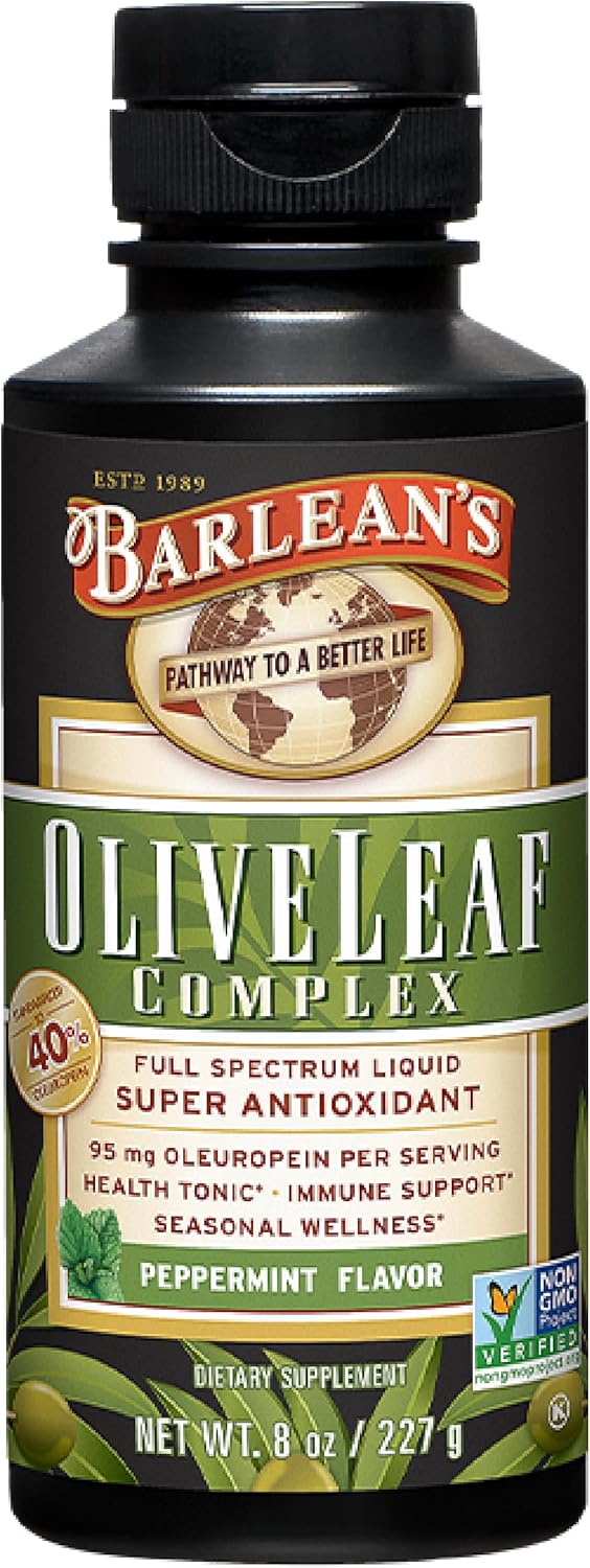 Barlean's Peppermint Olive Leaf Complex Liquid Immune Support Supplement with 95mg Oleuropein Antioxidants for Seasonal Wellness, Heart Health, & Immune System Booster, 8 Ounce