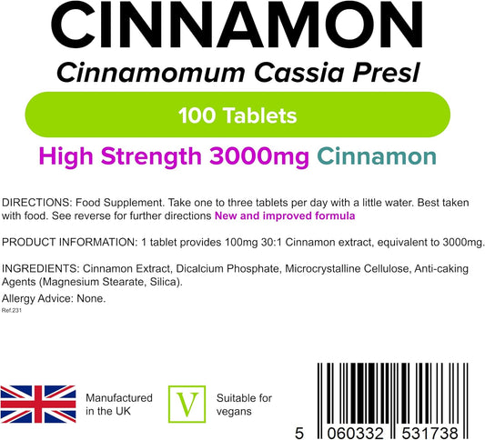 Lindens - Cinnamon 3000Mg, 100 Tablets - Uk Made, Super Concentrated 30X Extract - Equivalent To 3000Mg Of Dried Cinnamon, Traditionally Used For Millennia - Letterbox Friendly, Vegan