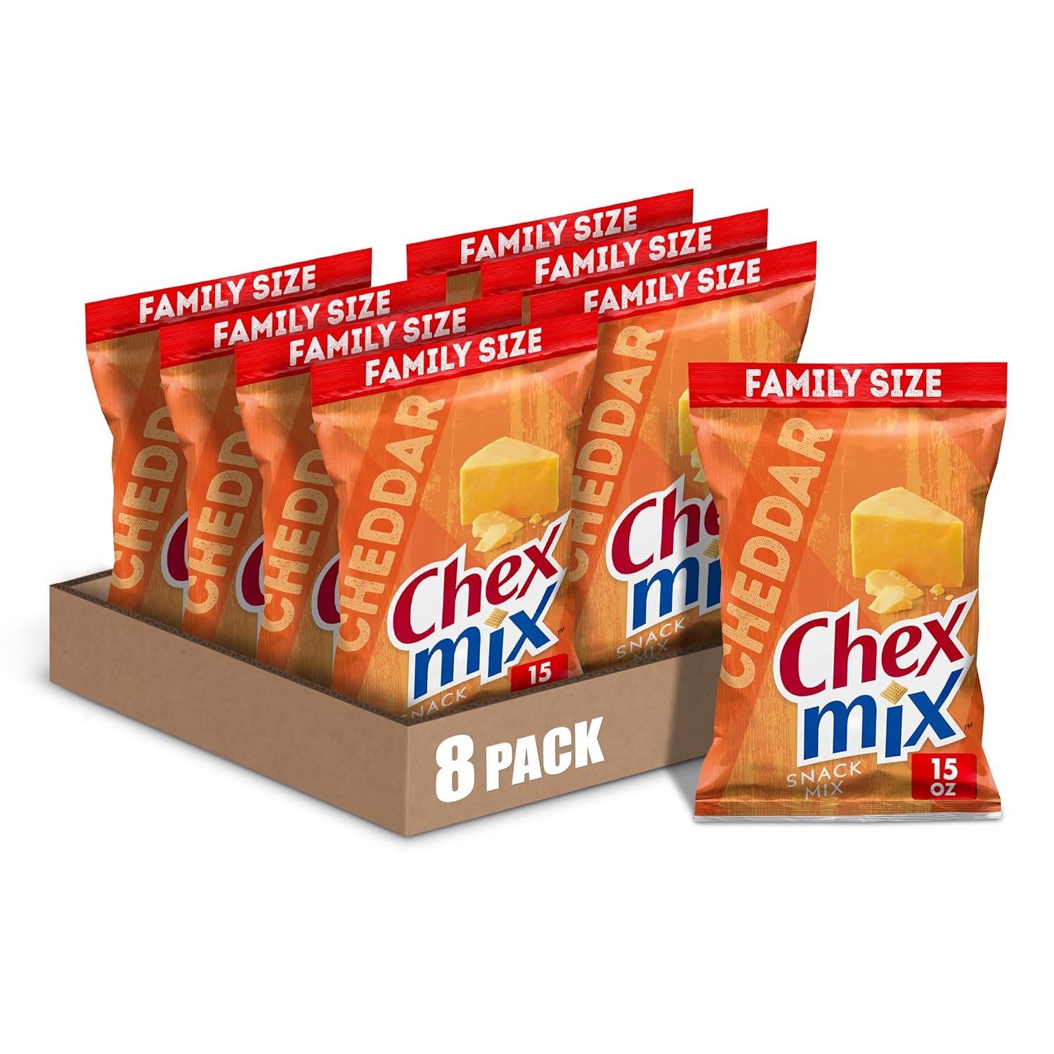 Chex Mix Snack Mix, Cheddar, Savory Snack Bag, Family Size, 15 oz (Pack of 8)