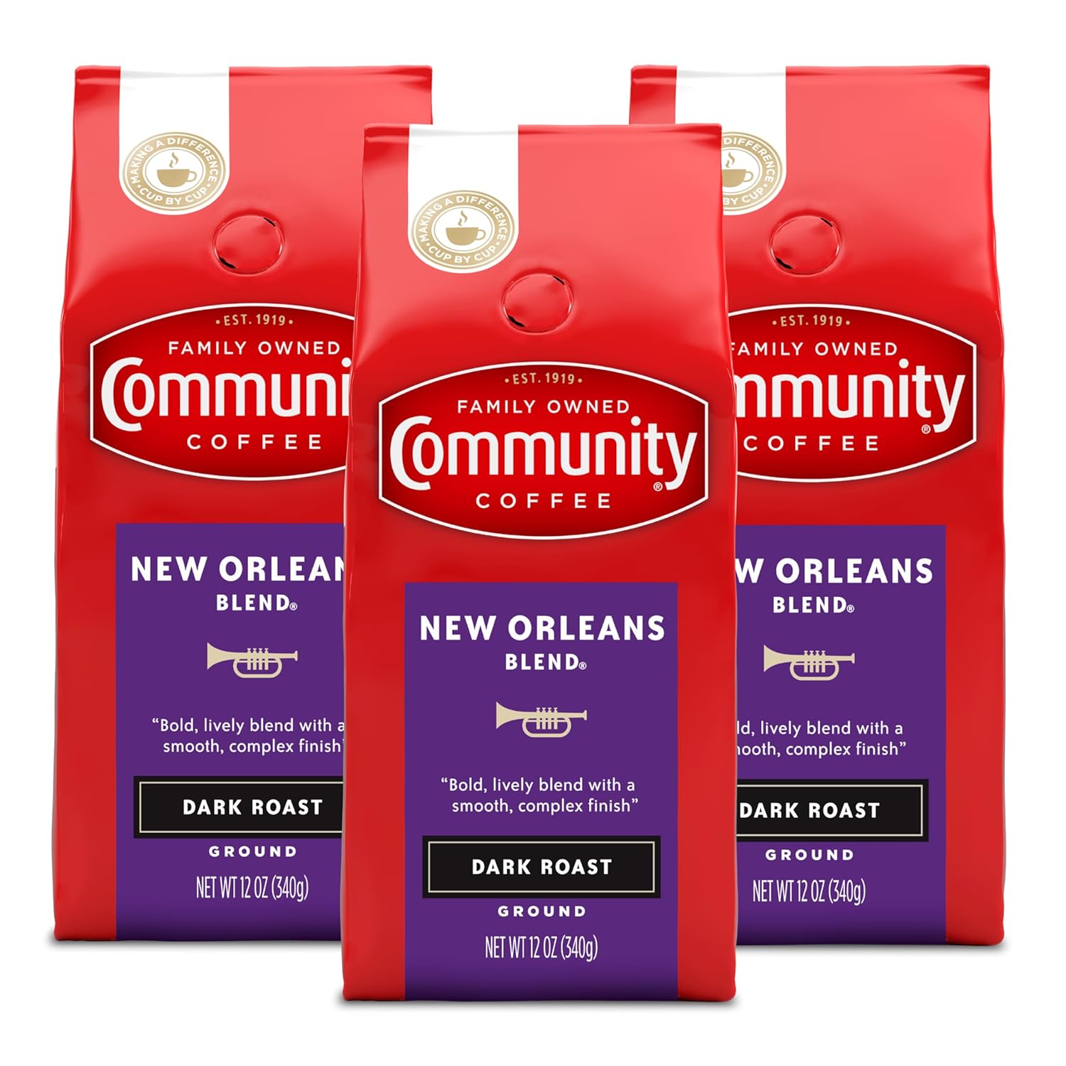 Community Coffee New Orleans Blend, Special Dark Roast Ground Coffee, 12 Ounce Bag (Pack Of 3)
