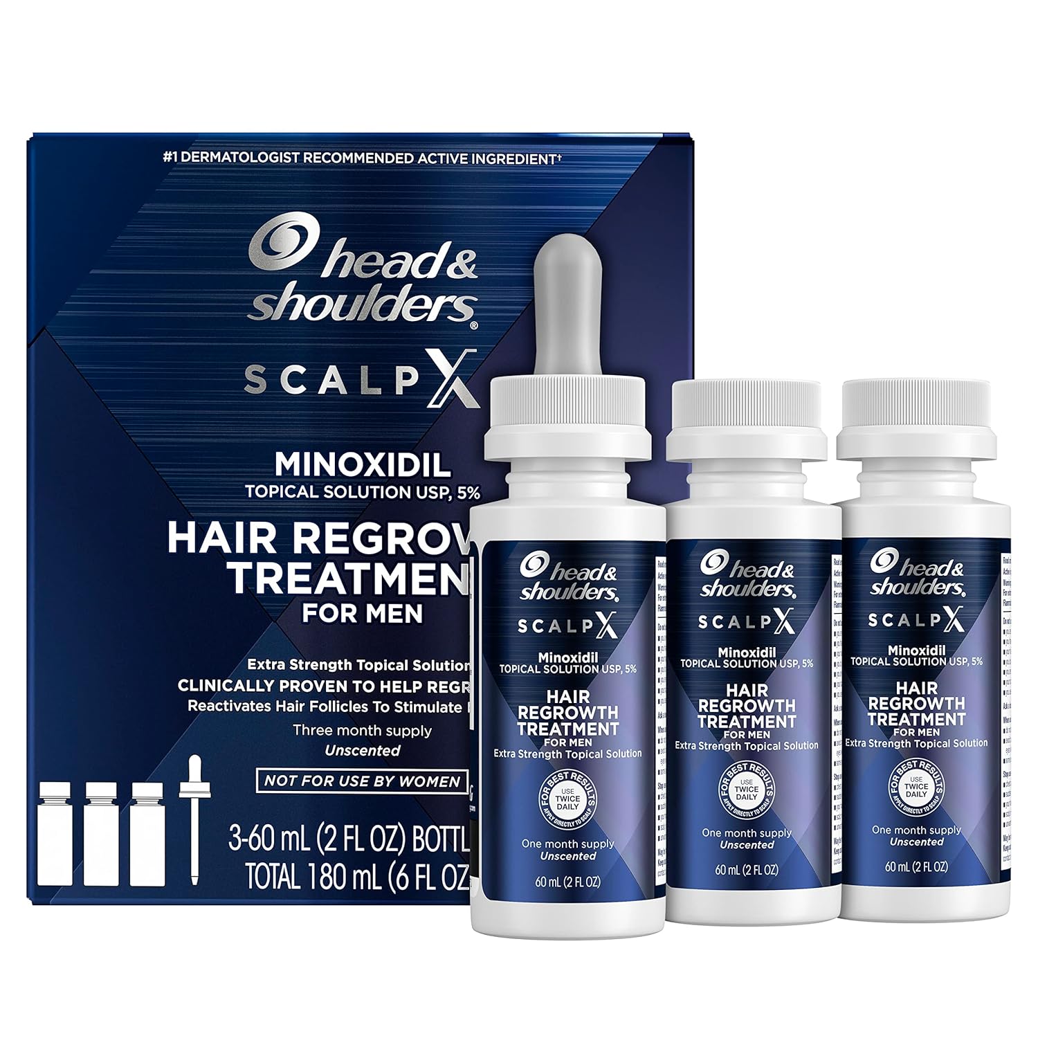 Head & Shoulders Scalp X 5% Minoxidil For Men, Hair Regrowth Treatment For Thinning Hair And Hair Loss, Topical Solution, 3 Month Supply, Non-Greasy Formula, 2 Fl Oz Each, 3 Pack