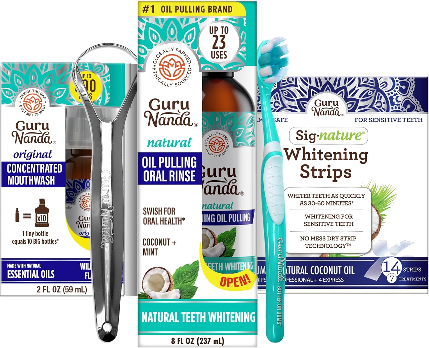 Gurunanda Oral Kit Including Coconut Oil Pulling With Essential Oils & Vitamins,Teeth Whitening Strips & Concentrated Mouthwash For Holistic Oral Care