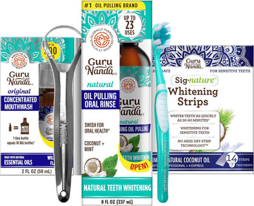 Gurunanda Oral Kit Including Coconut Oil Pulling With Essential Oils & Vitamins,Teeth Whitening Strips & Concentrated Mouthwash For Holistic Oral Care