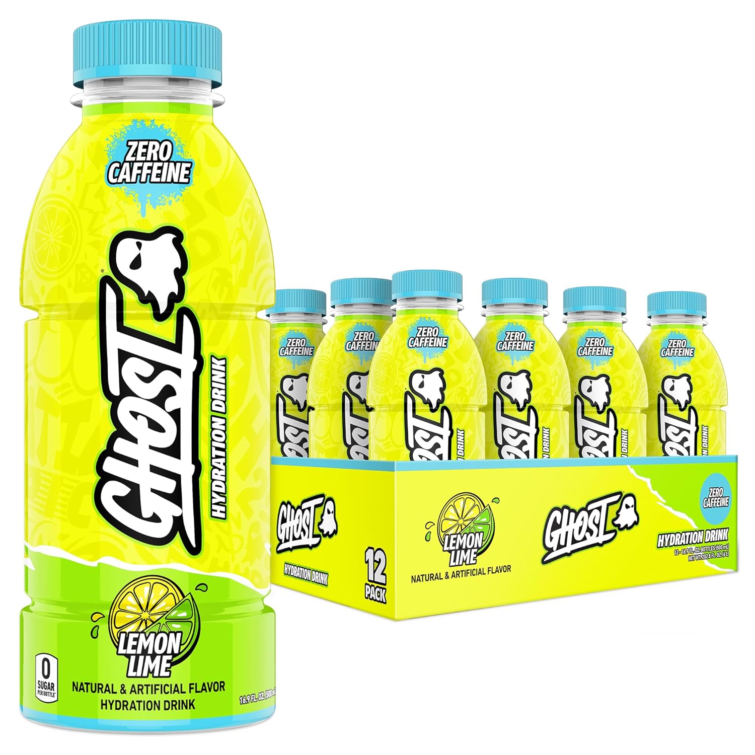 Ghost Hydration Drink, Lemon Lime - Rtd Sports Drinks With Electrolytes For Hydration - Beverage For Athletes - Zero Caffeine & Zero Sugars - 16.9 Fl Oz, 12 Pack