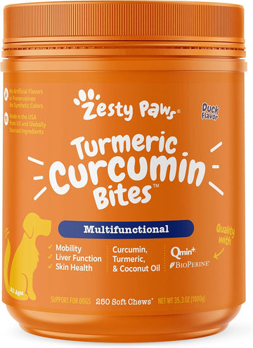 Zesty Paws Turmeric Curcumin For Dogs - For Hip & Joint Mobility Supports Canine Digestive Cardiovascular & Liver Health Coconut Oil For Skin Health With 95% Curcuminoids + Bioperine - 250 Count