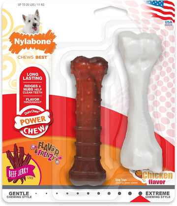 Nylabone Power Chew Classic Bone Chew Toy For Dogs, Durable Dog Toys For Aggressive Chewers, Flavor Frenzy Beef Jerky & Chicken Small/Regular (2 Count)