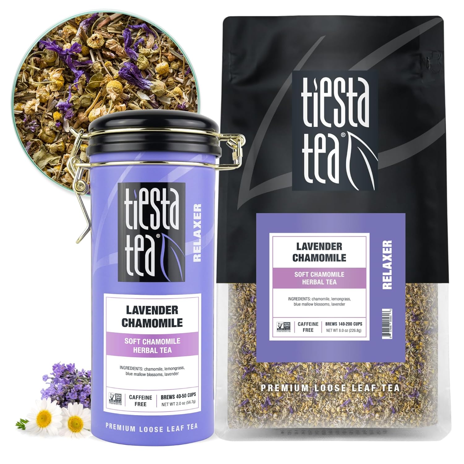 Tiesta Tea - Lavender Chamomile | Soft Chamomile Herbal Tea | Premium Loose Leaf Tea | Non Caffeinated Tea | Make Hot Or Iced Tea & Brews Up To 250 Cups - 8Oz Bulk Pouch & 2Oz Refillable Tin Combo