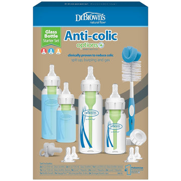 Dr. Brown'S Natural Flow® Anti-Colic Options+™ Narrow Glass Baby Bottle Starter Set With Silicone Sleeves,Brush And Soft 100% Silicone Happypaci™ Pacifier For Newborns