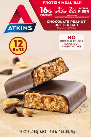 Atkins Chocolate Peanut Butter Protein Meal Bar, High Fiber, 16G Protein, 2G Sugar, 3G Net Carb, Meal Replacement, Low Carb, Keto Friendly, 12 Count