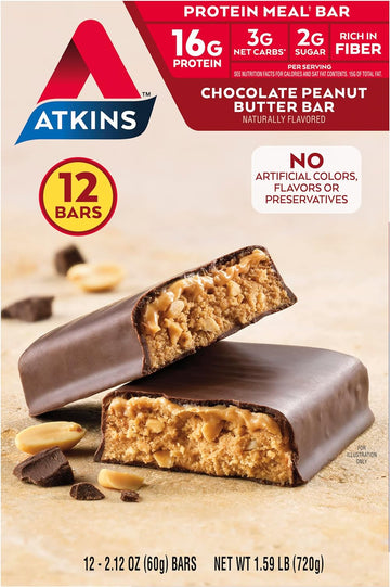 Atkins Chocolate Peanut Butter Protein Meal Bar, High Fiber, 16g Protein, 2g Sugar, 3g Net Carb, Meal Replacement, Low Carb, Keto Friendly, 12 Count