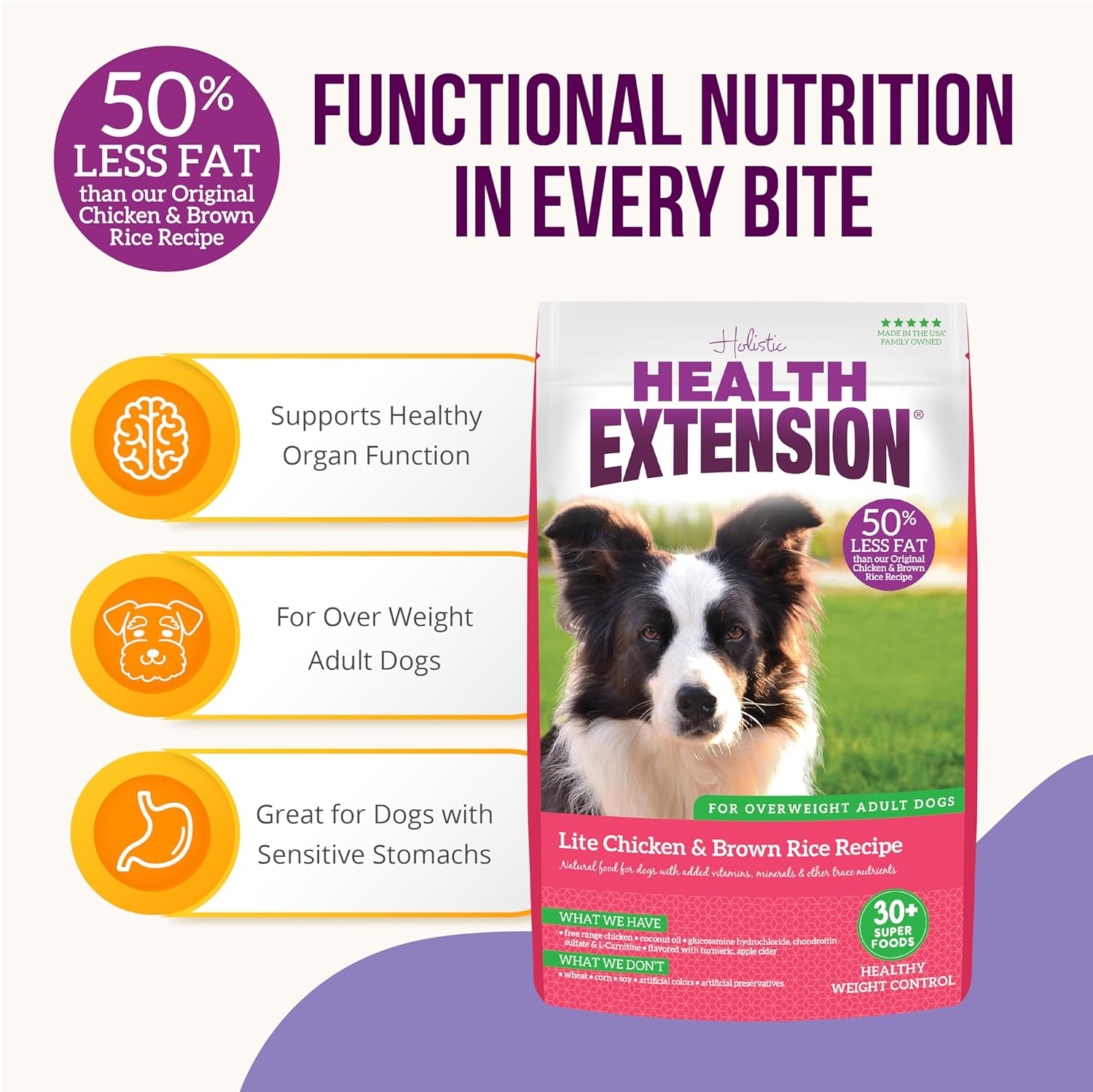 Health Extension Weight Control Dry Dog Food, Natural Food for Overweight Adult Dogs with Added Vitamins & Mineral, Lite Chicken & Brown Rice Recipe (15 lbs / 6.8 kg) : Pet Supplies