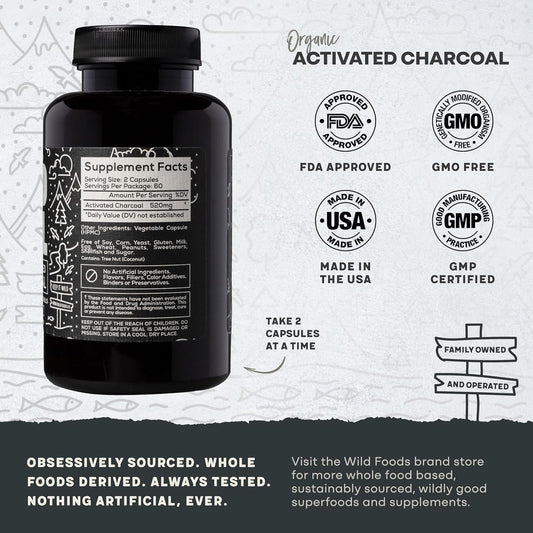 Wild Foods Activated Charcoal Capsules | 100% Organic Coconut Shells Active Tablets For Bloating Relief | Lab Tested & Non-Gmo Detox Pills | Usa (Two Bottles - 120 Capsules)