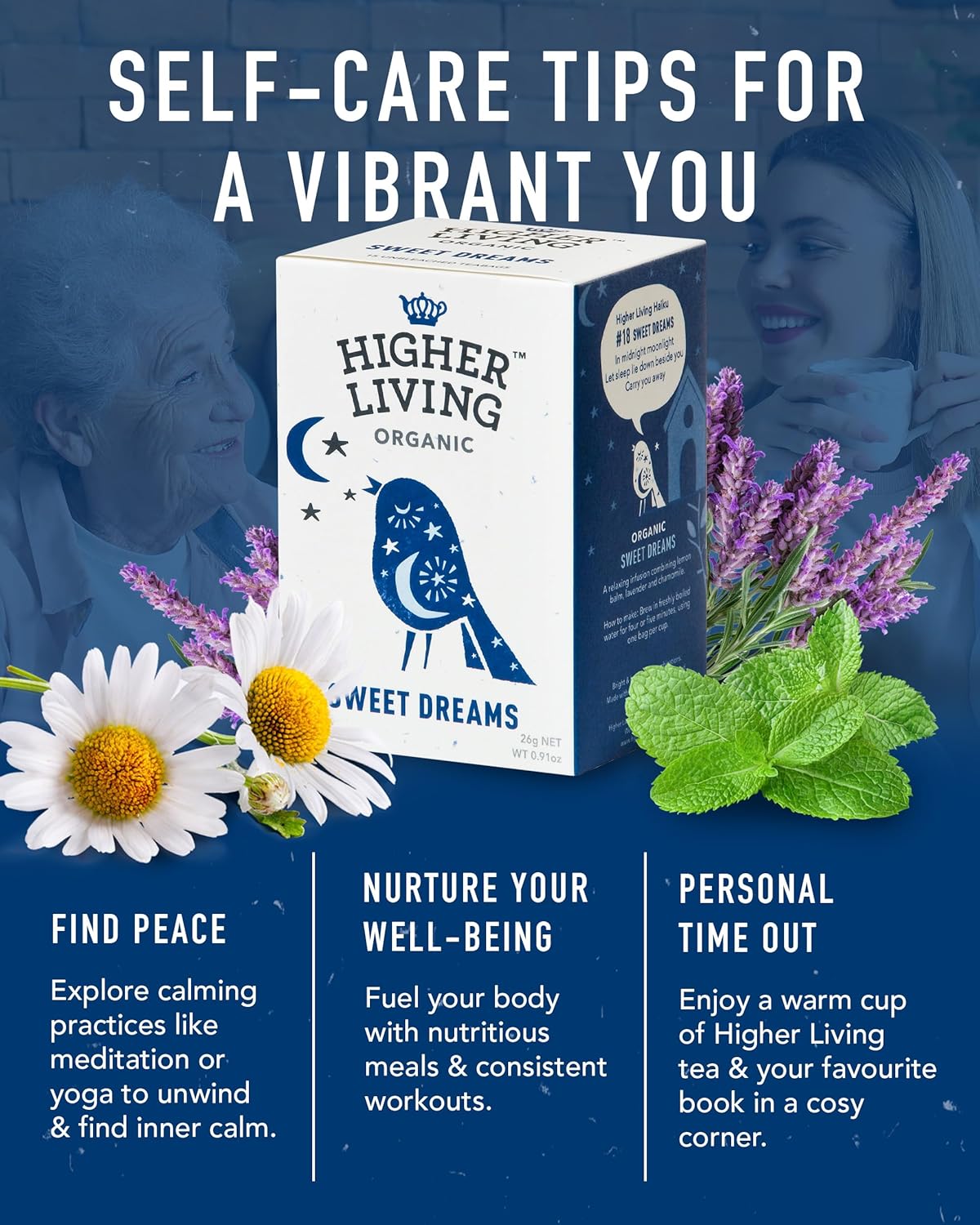 Higher Living Sweet Dreams Organic Herbal Tea - Aromatic, Caffeine Free Calming Bedtime Tea with Lemon Balm, Lavender, Chamomile & Peppermint - 4 Boxes, 15 Bags Each : Amazon.co.uk: Grocery