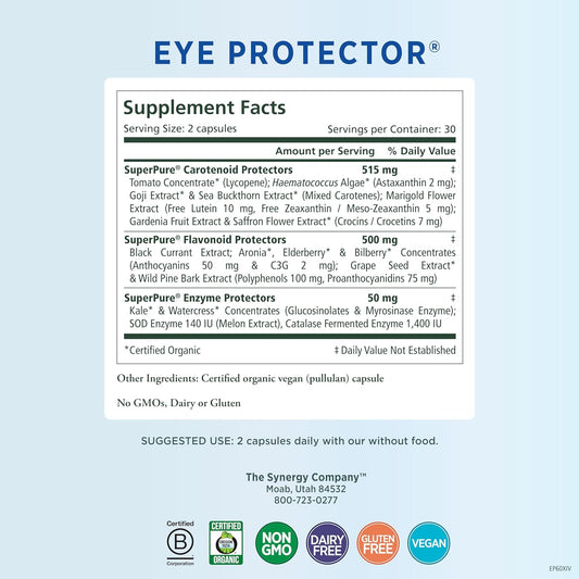 PURE SYNERGY Eye Protector | 100% Natural, Vegan Eye Health Supplement | Advanced Eye Nutrients with Organic Astaxanthin, Lutein, & Zeaxanthin | for Healthy Vision (60 Capsules)