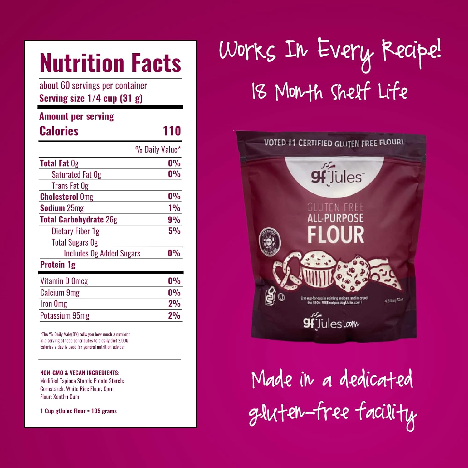 gfJules Certified Gluten Free All Purpose Flour | No Grit | Great Cup for Cup Baking Alternative to Regular Flour, Voted #1 by Gluten Free & Celiac Consumers, 4.5LB Pouch Pack of 6 : Grocery & Gourmet Food