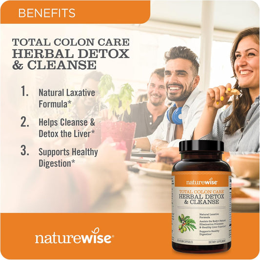 Naturewise Total Colon Care Herbal Cleanse - With Prebiotics, Botanicals, & Antioxidants - For Regular Bowel Movement, Digestion, Gut Health - Vegan, Gluten-Free, Non-Gmo - 60 Capsules[2-Month Supply]