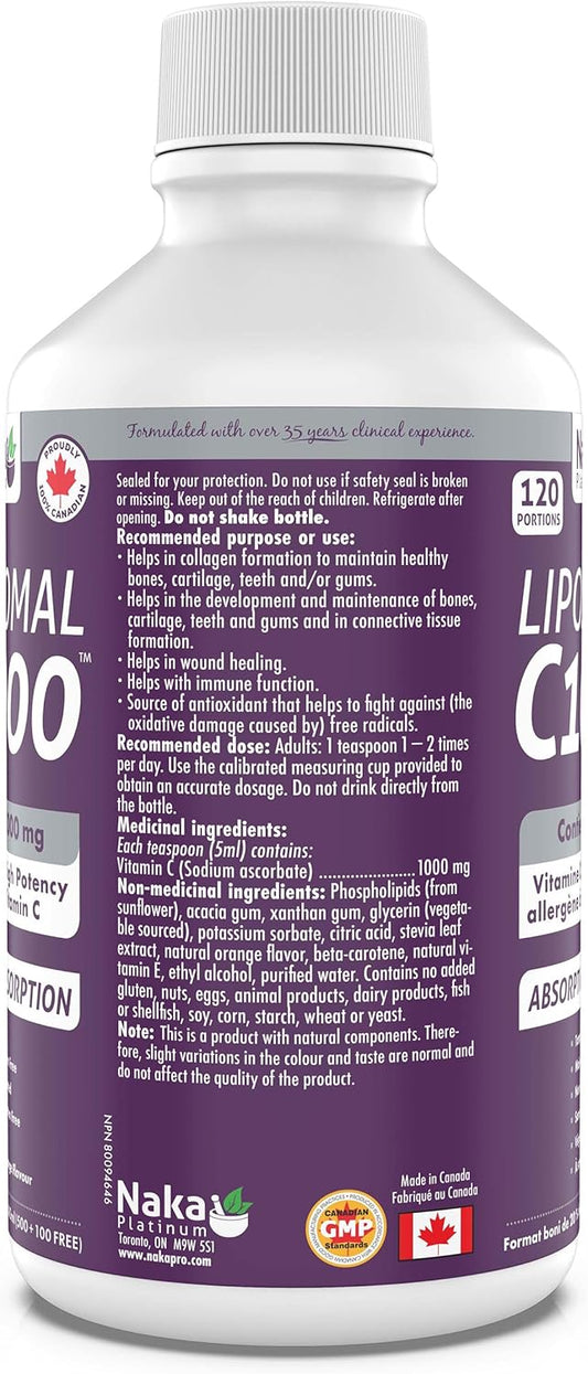Platinum Liposomal C1000 Non-Allergen High Potency Vitamin C (Sodium Ascorbate) 1000 Mg Per 5Ml Teaspoon - 600Ml = 120Servings